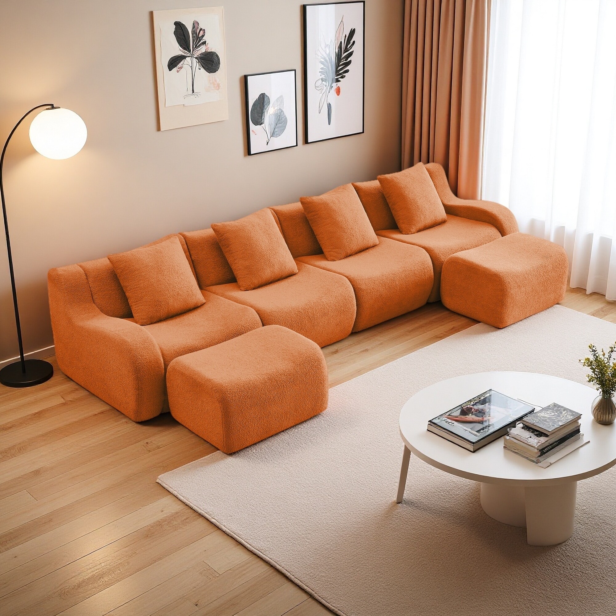 148" U-Shaped Teddy Fabric Modular Sectional Sofa with No Assembly Required, Anti-Slip Design and 32D High-Density Sponge