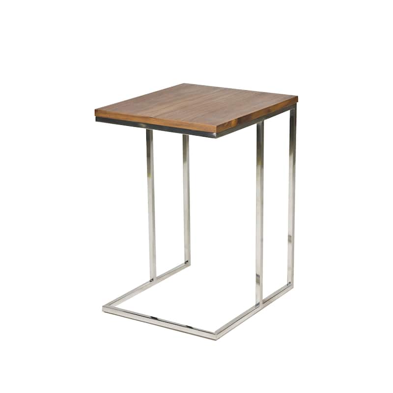 Zen 23 Inch Side Table, Rectangular Tray Top, C Shape Chrome, Walnut Brown