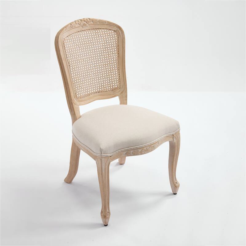 French Country Wood Dining Chairs Set of 2 Cotton Linen Seat