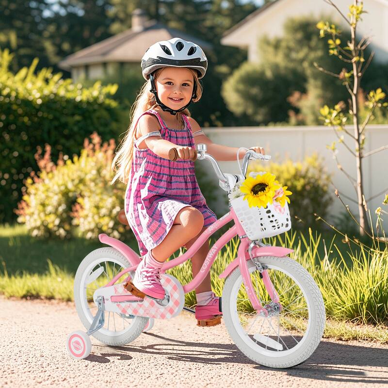 Kids Bike with Training Wheels and Basket for Ages 3-8 Boys Girls - 16-Inch - Peach