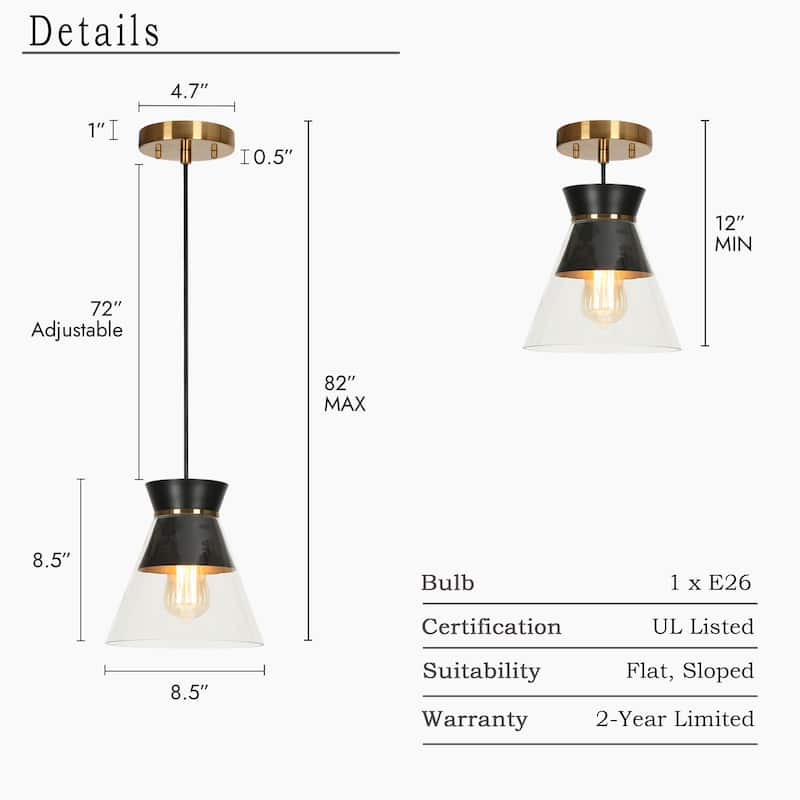 1-Light Modern Black Gold Pendant Lighting Clear Glass Bowl Kitchen Island light for Dining Room - 8.5 " D × 8.5 " H