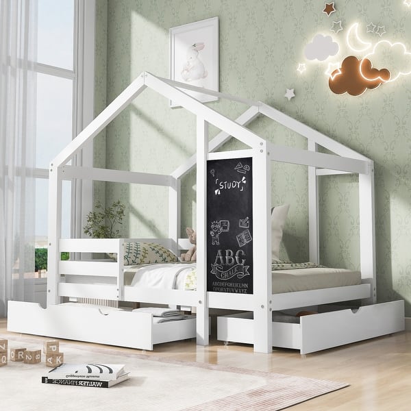 slide 2 of 20, Twin Size House-Themed Bed with Blackboard Feature and Multiple Storage Drawers, Adjustable Assembly Options