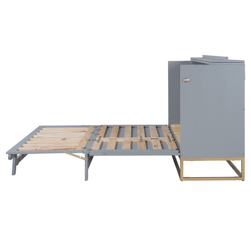Queen Wood Murphy Bed, Modern Murphy Bed Chest with Metal Leg, Home Folded Bed Frame with Wood Slat Support for Small Room