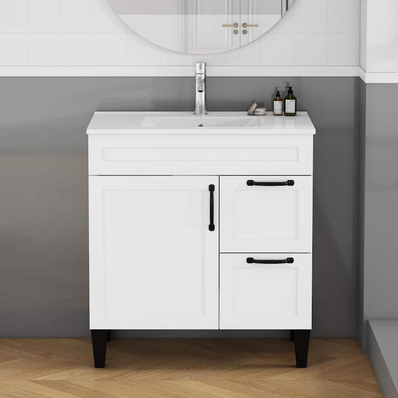 36" Bathroom Vanity with Ceramic Sink - Soft-Close Drawers, Solid Wood Frame, Multi-Organizer Storage