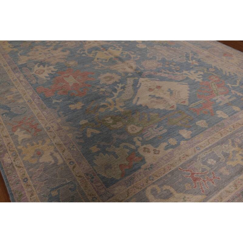 Blue Oushak Vegetable Dye Area Rug Hand-Knotted Wool Carpet - 9'0" x 12'2"