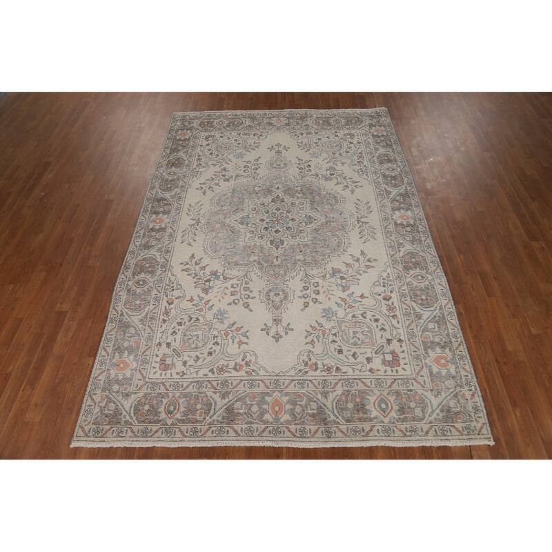 Beige / Ivory Medallion Tabriz Persian Area Rug Handmade Wool Carpet - 6'6"x 9'8"