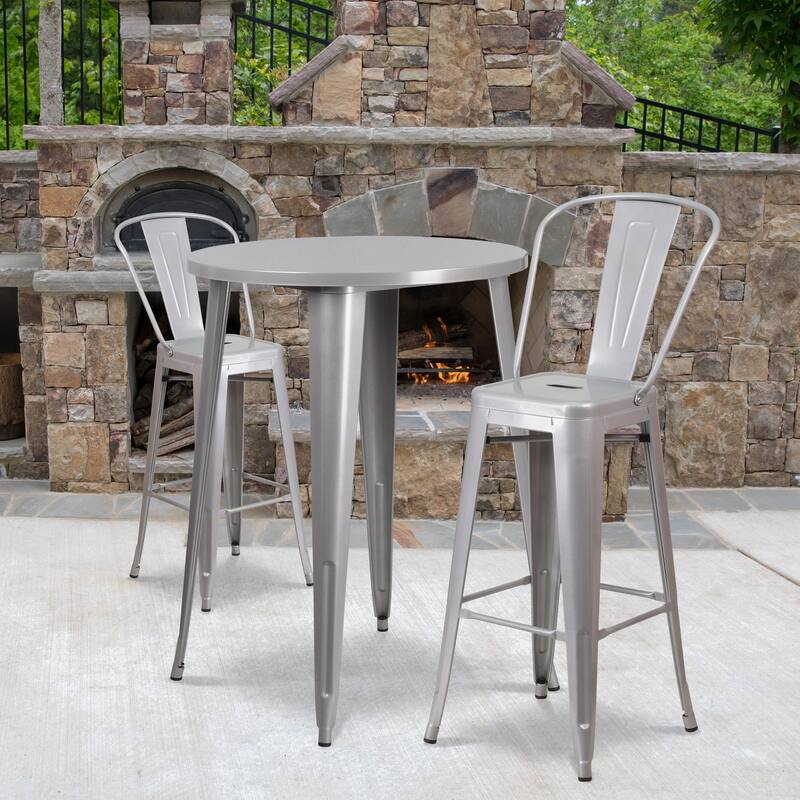 30'' Round Metal Indoor-Outdoor Bar Table Set with 2 Cafe Stools - 30"W x 30"D x 41"H - Silver