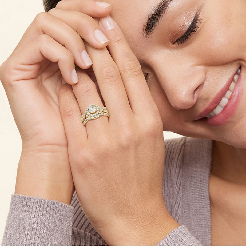 3/8Ct TDW Diamond Halo Twist Shank Bridal Set in 10K Gold for Women