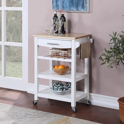 Kitchen Cart with Wine Rack & Drawer - 4 Tier Rolling Utility Island - Butcher Block Countertop