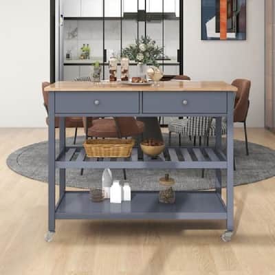 Rolling Kitchen Cart with Solid Wood Top and Locking Wheels，43.3 Inch Width，Two Open Spacious Storage Shelves