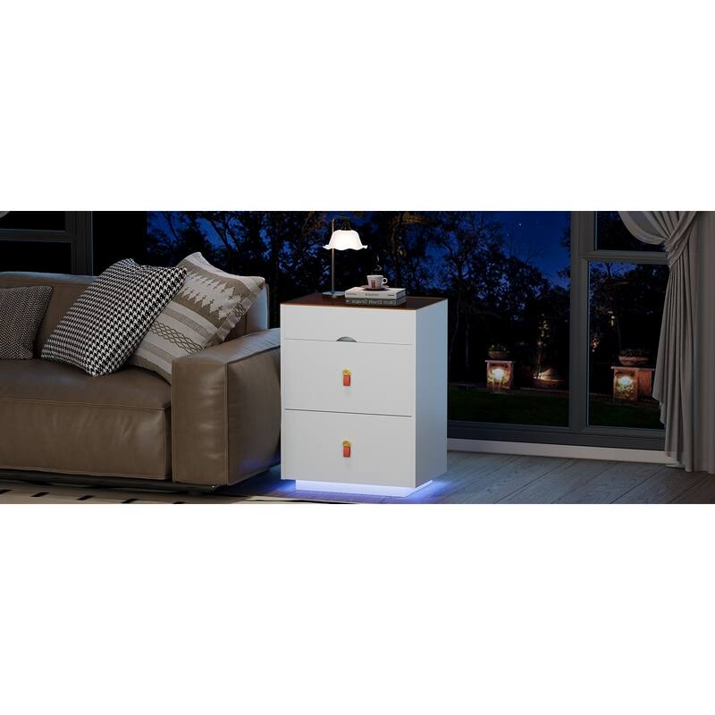 Nightstand with LED Lights & 3 Drawers, Side Table with Glass Top Jewelry Storage Compartments, Small Wood Accent Table