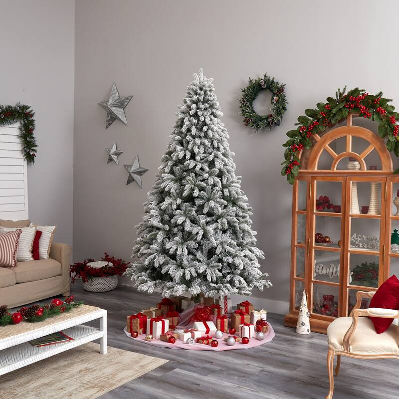 9ft Flocked Christmas Tree, Slim Pencil Artificial Tree with Lights, Holiday Decor - White - 108