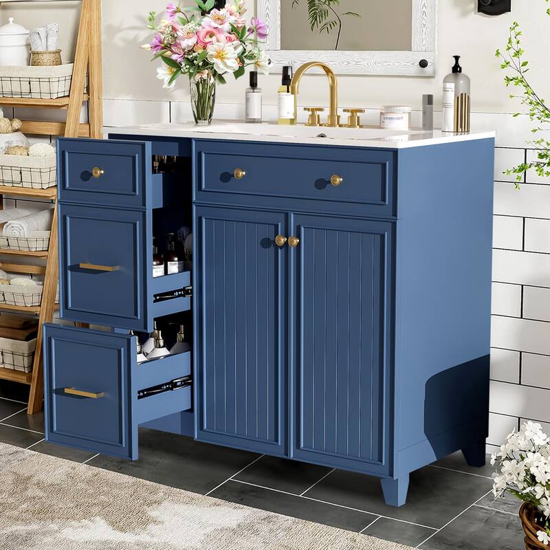36" Bathroom Vanity with Ceramic Sink,Standard and Double-Layer Drawers