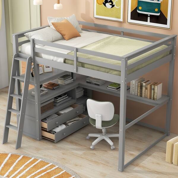 slide 2 of 32, Loft Bed with Desk and Shelves, Two Built-in Drawers Full - Gray