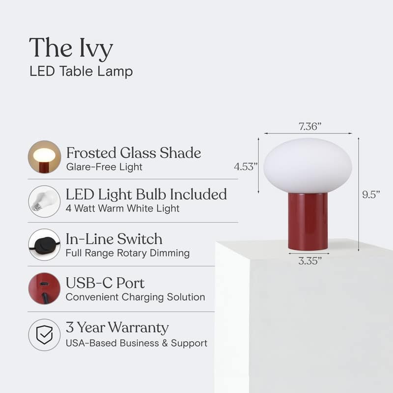 Brightech Ivy LED Glossy Red Midcentury Round Globe Dimmable Bedside Nightstand Desk Lamp