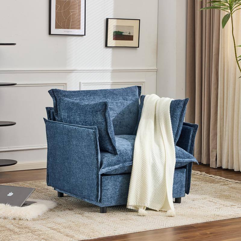 Chenille Upholstered Skirted Arm Chair Accent Chair With Thin Arms For Living Room - Sea Blue