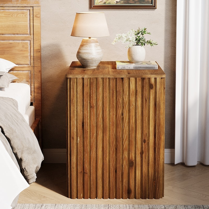 Solid Wood Fluted Side End Table with Storage and Removable Lid