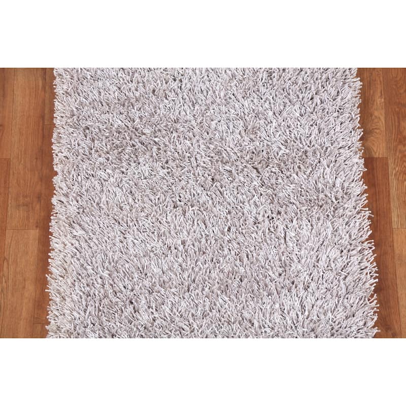 Hand Knotted Oriental Polyester Carpet Modern Contemporary Beige & Ivories Shaggy Area Rug - 4' 9'' X 2' 8''