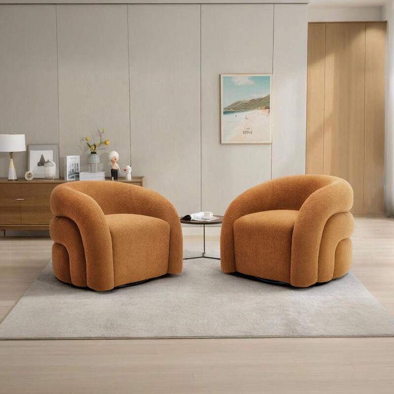 Boucle Swivel Accent Chair Round Barrel Armchair Set of 2 - Orange