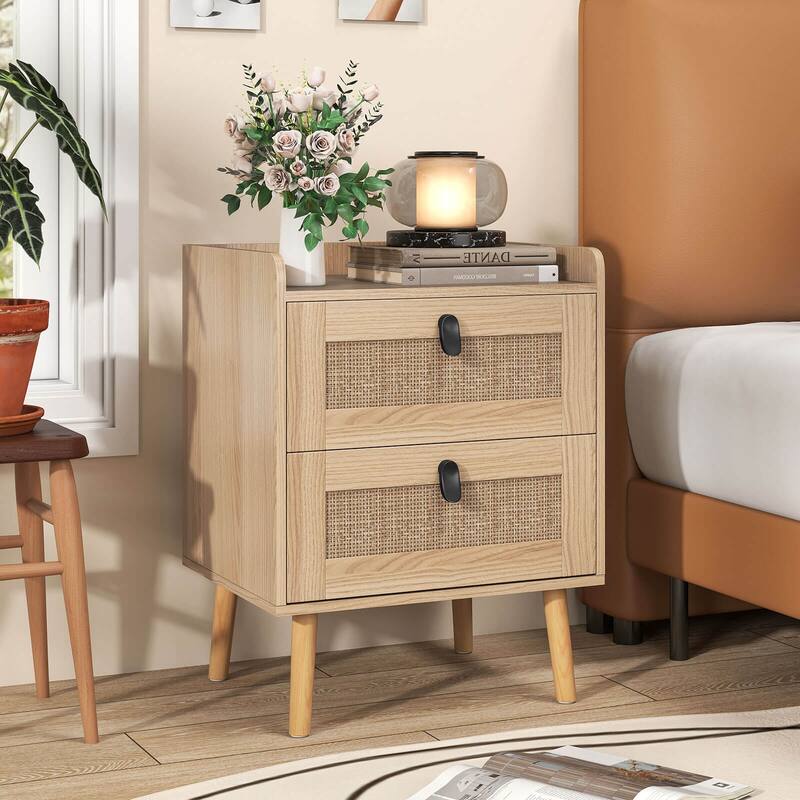 Costway Modern Nightstand End Bedside Table with 2 Rattan Drawers & - See Details