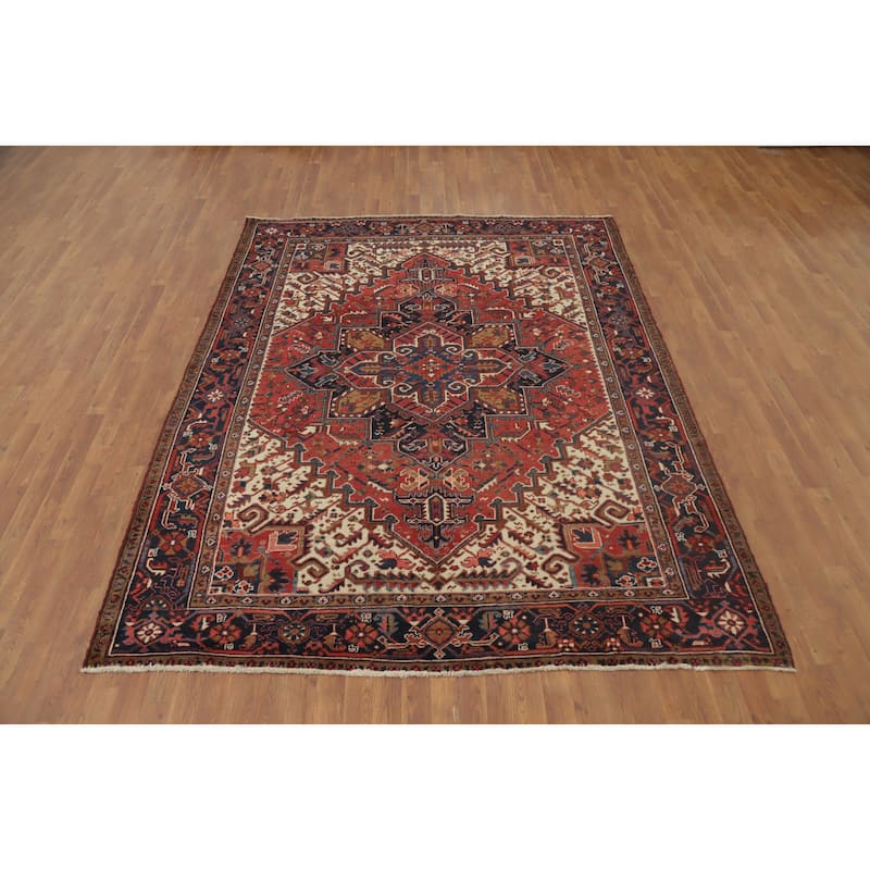Hand Knotted Oriental 100% Wool Carpet Traditional Medallion Oranges & Rust Heriz Area Rug - 9' 5'' X 7' 2''