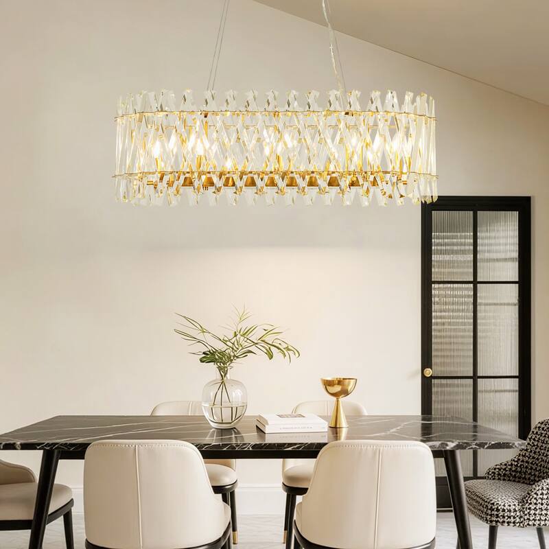 8-Light Brushed Gold Modern Luxury Iron & Cut Glass Chandelier Light with Adjustable Height for Living & Dining Rooms