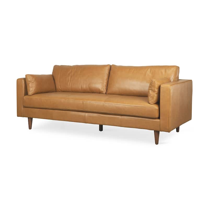 HomeRoots 88" Tan Leather Sofa And Toss Pillows With Brown Legs