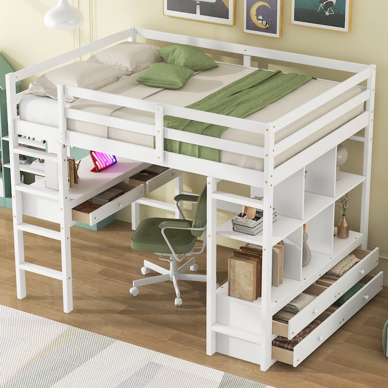 Full Size White Loft Bed with Desk Drawers Shelves Pine - White