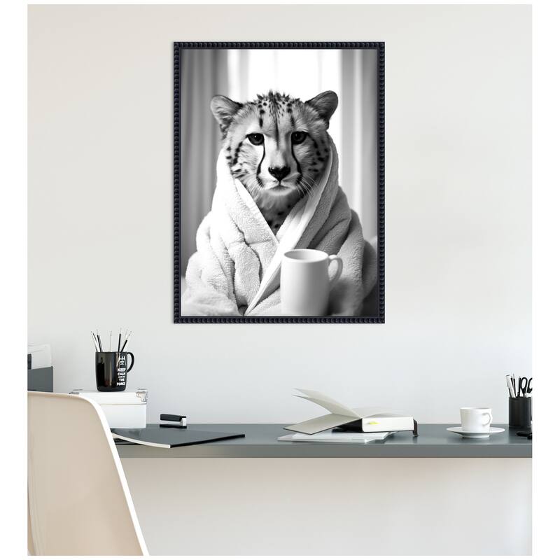 Kate and Laurel Sylvie Cheetah Bathroom Art Towel Robe Black and White Framed Canvas by The Creative Bunch Studio