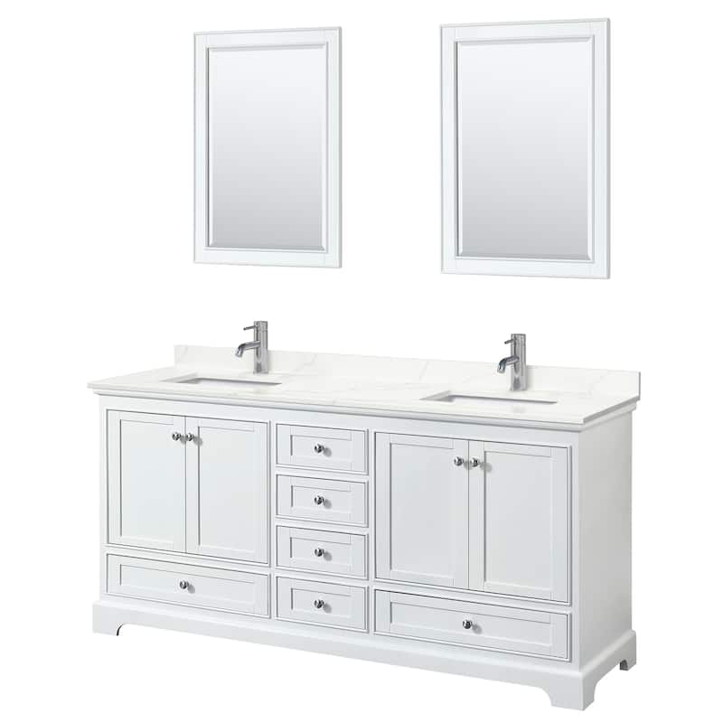 Deborah 72-inch Double Vanity, Quartz Top, 24-inch Mirrors - White, Chrome Trim, Giotto Quartz Top