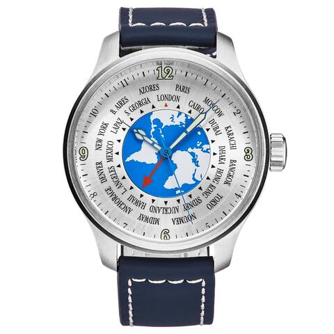 Zeno men's 'os retro worldtimer 2' silver dial blue leather strap automatic watch 8563wt-i2