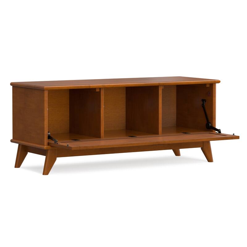 WYNDENHALL Tierney 44" Wide Solid Wood Mid Century Flip-Down Storage Bench in Teak Brown - 16"D x 44"W x 18.5"H