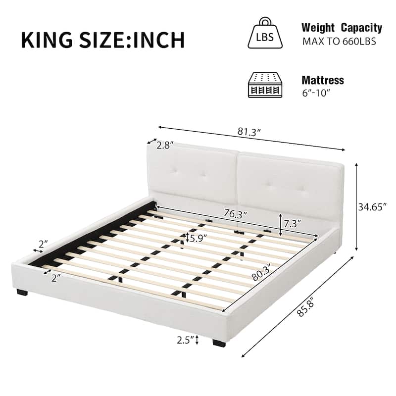 King Size Platform Bed Frames Soft Square Corners Wingback Bed with Tufted Headboard, Low Profile Bed Upholstered Grounded Bed