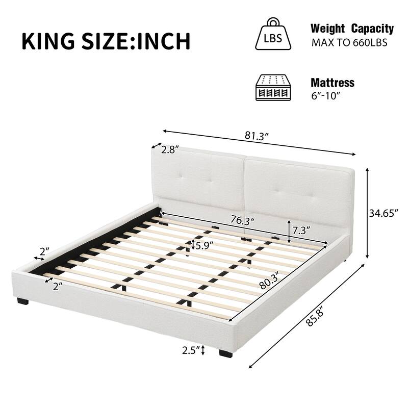 Luxury King Boucle Upholstered Platform Bed, Curved Tufted Headboard, Soft Edges, Beige