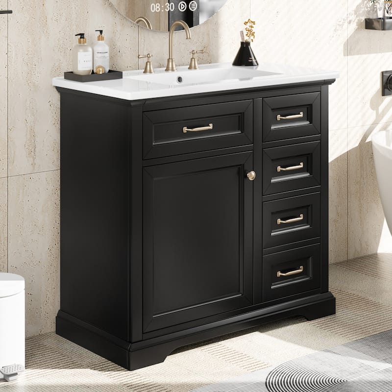 36" Bathroom Vanity with Sink, Ceramic Sink, 2 Tip-out Drawers, Soft Close Door Hinges, Black - Black