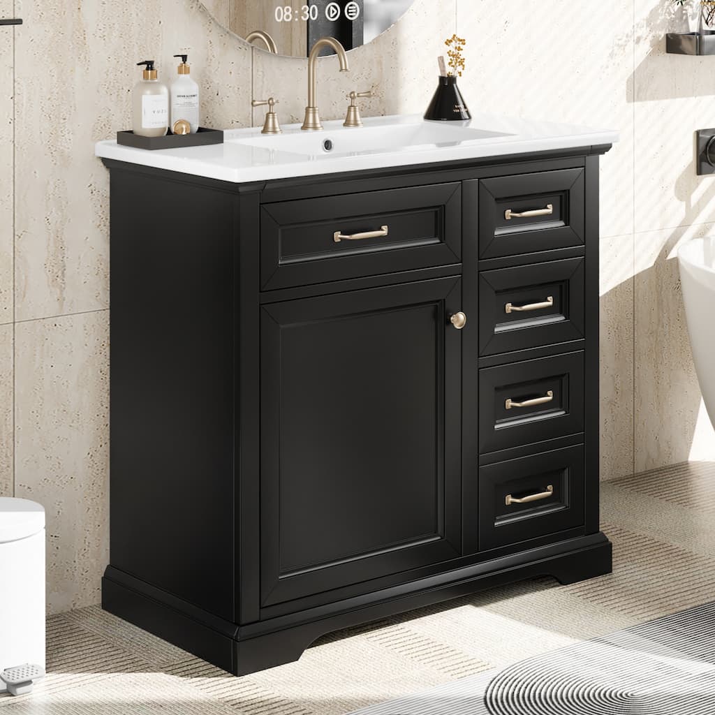 36" Bathroom Vanity with Sink, Ceramic Sink, 2 Tip-out Drawers, Soft Close Door Hinges, Black