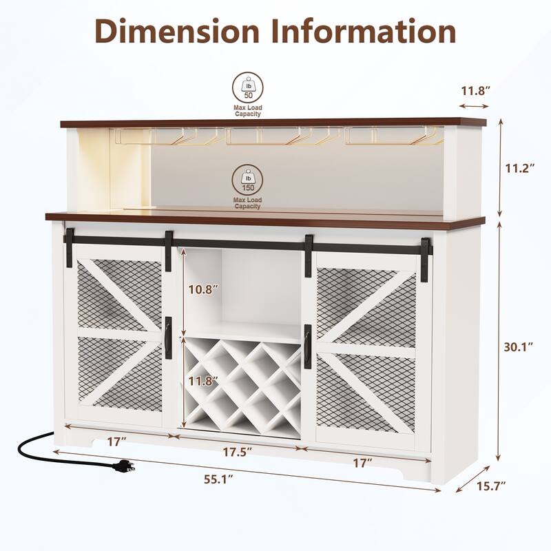 Gymojoy 16-Color LED Bar Cabinet with Wine Rack, White Kitchen Hutch for Coffee Bar & Dining Room, Farmhouse Storage Cabinet
