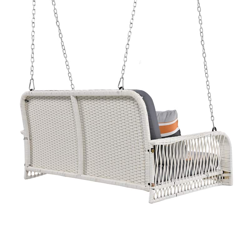 2-Seater PE Wicker Porch Swing Hanging Bench with Chains