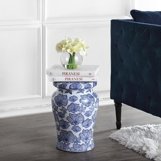 Poppies Traditional Floral Chinoiserie Ceramic Drum Garden Stool, Pierced Indoor/Outdoor Patio Seat Side Table