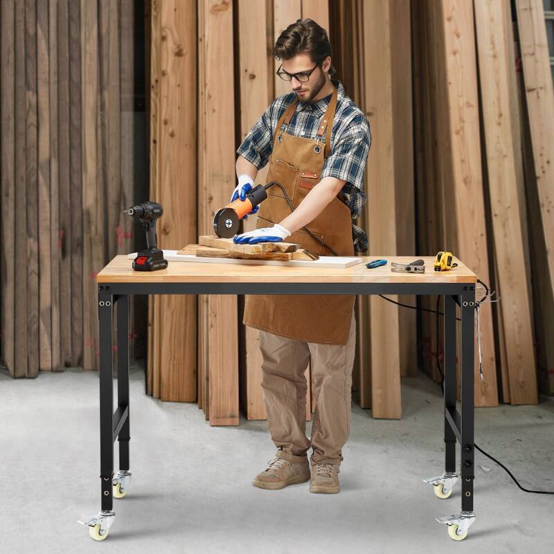 Black and Natural Oak Adjustable Height Workbench with Power Strip, Casters and Hooks - Black-Natural