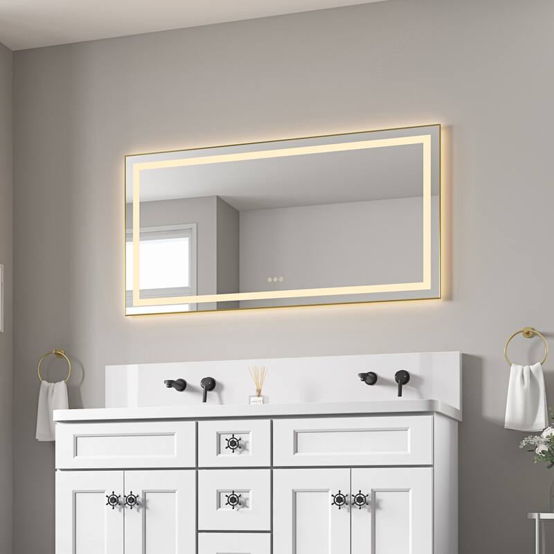 55 x 28 Inch LED Bathroom Mirror with Front and Backlight, Wall Mounted Vanity Mirror with Aluminum Frame, Anti-Fog - Brushed Gold
