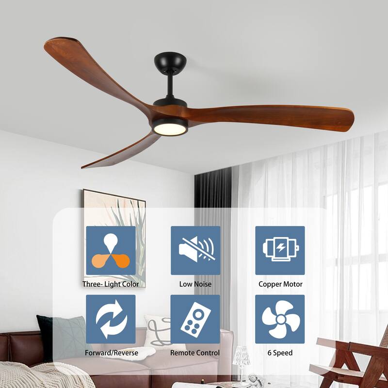 72 Inch Large Wood Ceiling Fan with Light, 3 Solid Wood Blades Ceiling Fan with Remote Control, Noiseless Reversible DC Motor