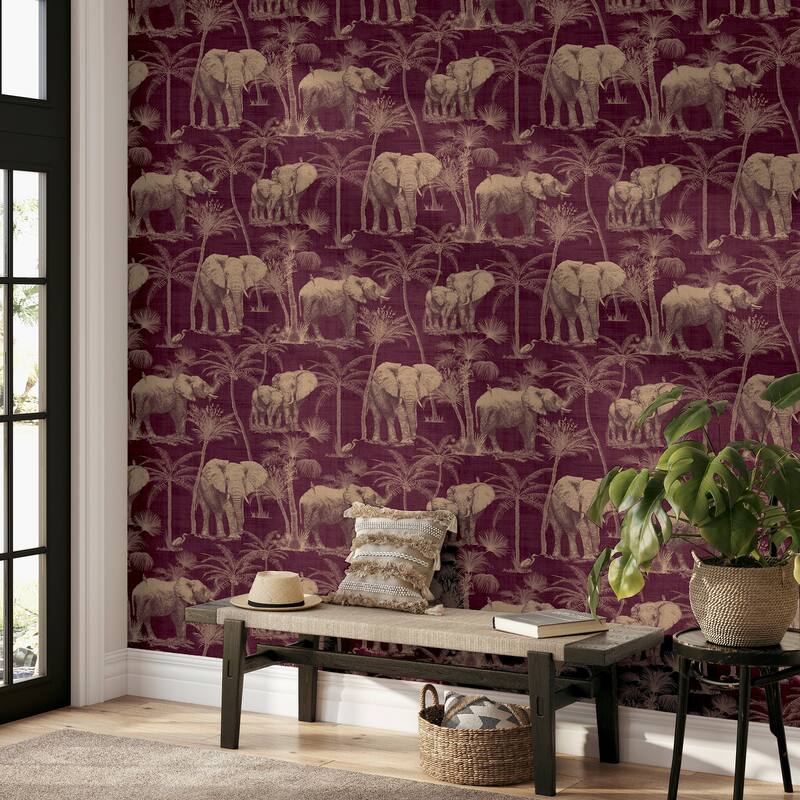 Arthouse Adelia Maroon Elephant Grove Wallpaper
