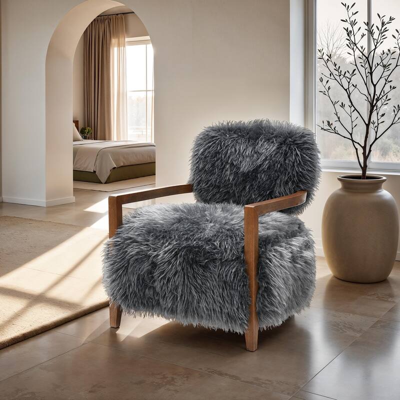 1pc Accent Chair Raked Wooden Arms Tight Back And Seat Soft Faux Fur Contemporary Living Room Furniture