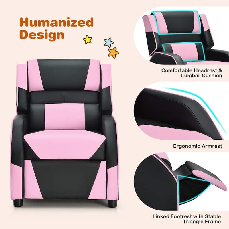 Kids Youth PU Leather Gaming Sofa Recliner with Headrest and Footrest-Pink