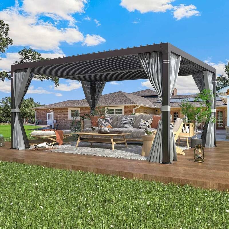 EROMMY Outdoor Louvered Pergola Gazebo with Adjustable Aluminum Rainproof Roof - 10'x12' - Dark Gray