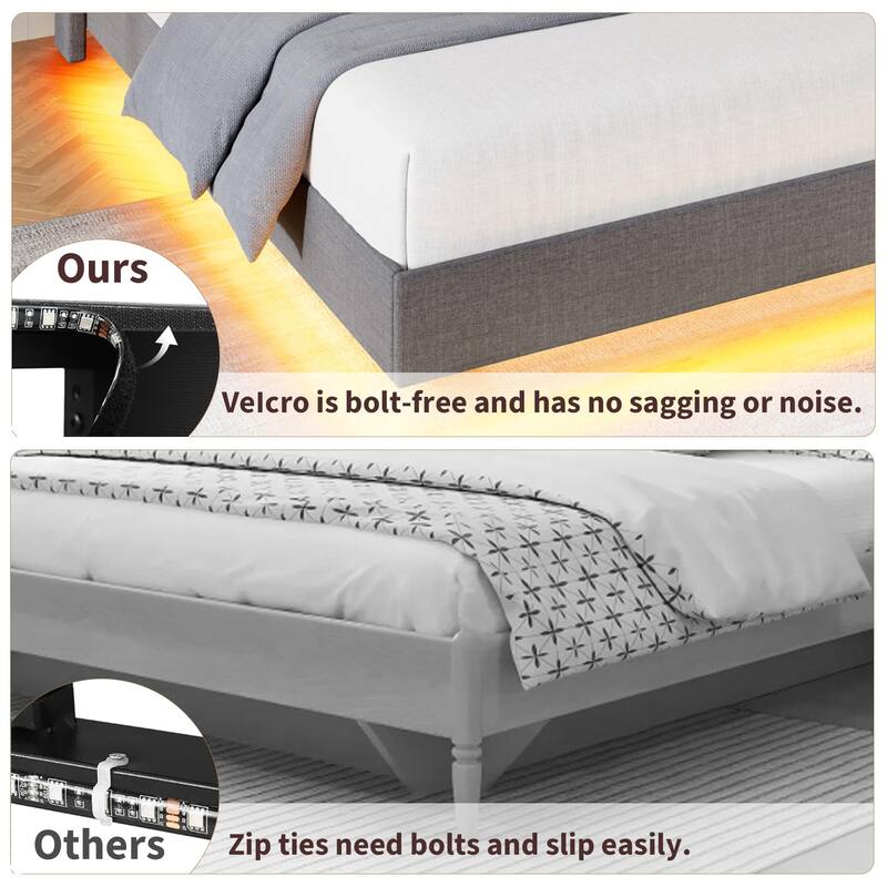 Full/Queen Floating Bed Frame with LED Lights & Charging Station, Upholstered Platform Beds with Storage Headboard