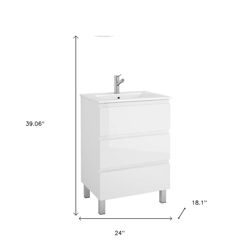 HomeRoots 24" White Wood Freestanding Bathroom Vanity With White Sink And Three Drawers - 24.00 in. x 39.06 in. x 18.10 in.