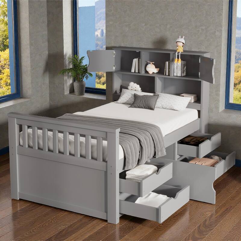 Twin Captain Platform Bed with Storage Bookcase Headboard, Shelves and Four Drawers, No Box Spring Needed