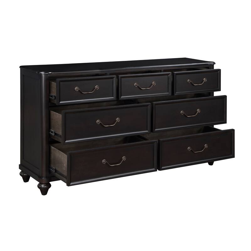Vix 64 Inch Wide Dresser, 7 Molded Trim Drawers, Pewter Drop Handles, Black